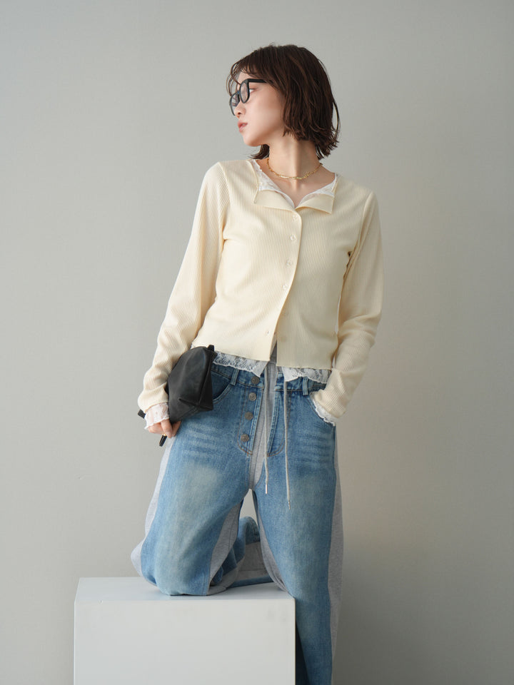 [SET]レースドッキングテレコリブカーディガン+デニム切替スウェットパンツ(2set)