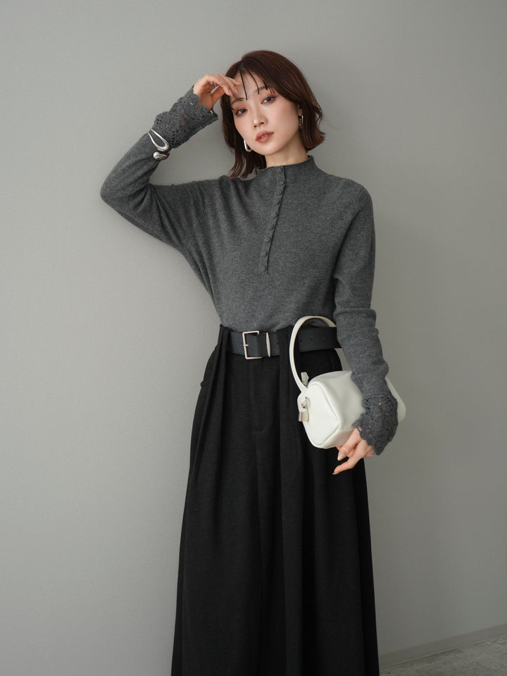 [予約]袖スカラップレースフロントボタンウールニットトップス/gray