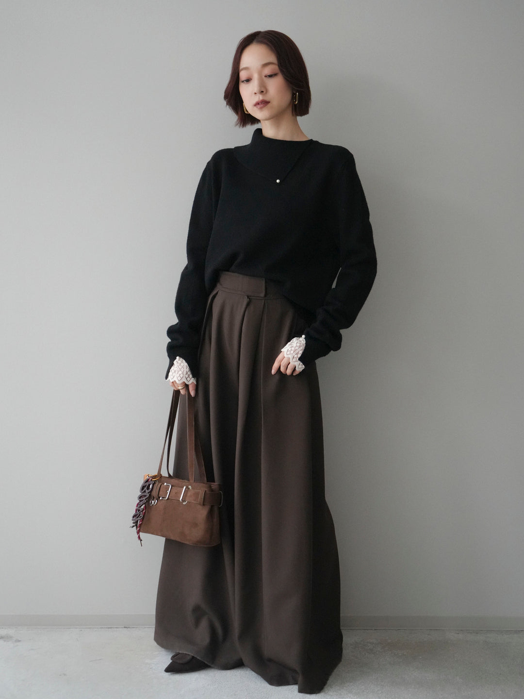 [SET]袖レースパール付き配色ニットトップス+テープベルトタックバギーパンツ(2set)