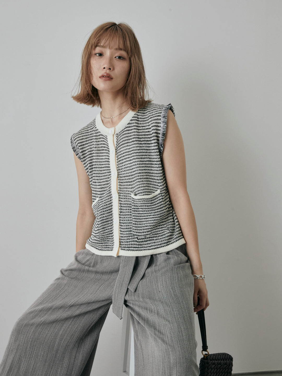 【預購】仿麻腰帶寬褲/灰色