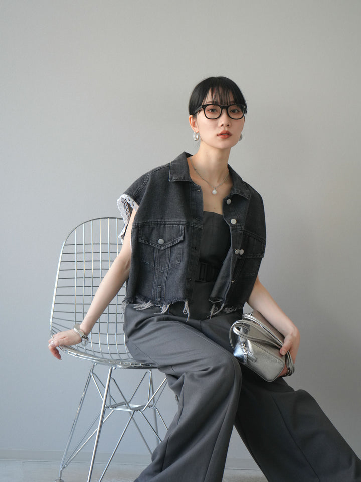 [予約]袖レースダメージデニムショートジャケット/ブラック