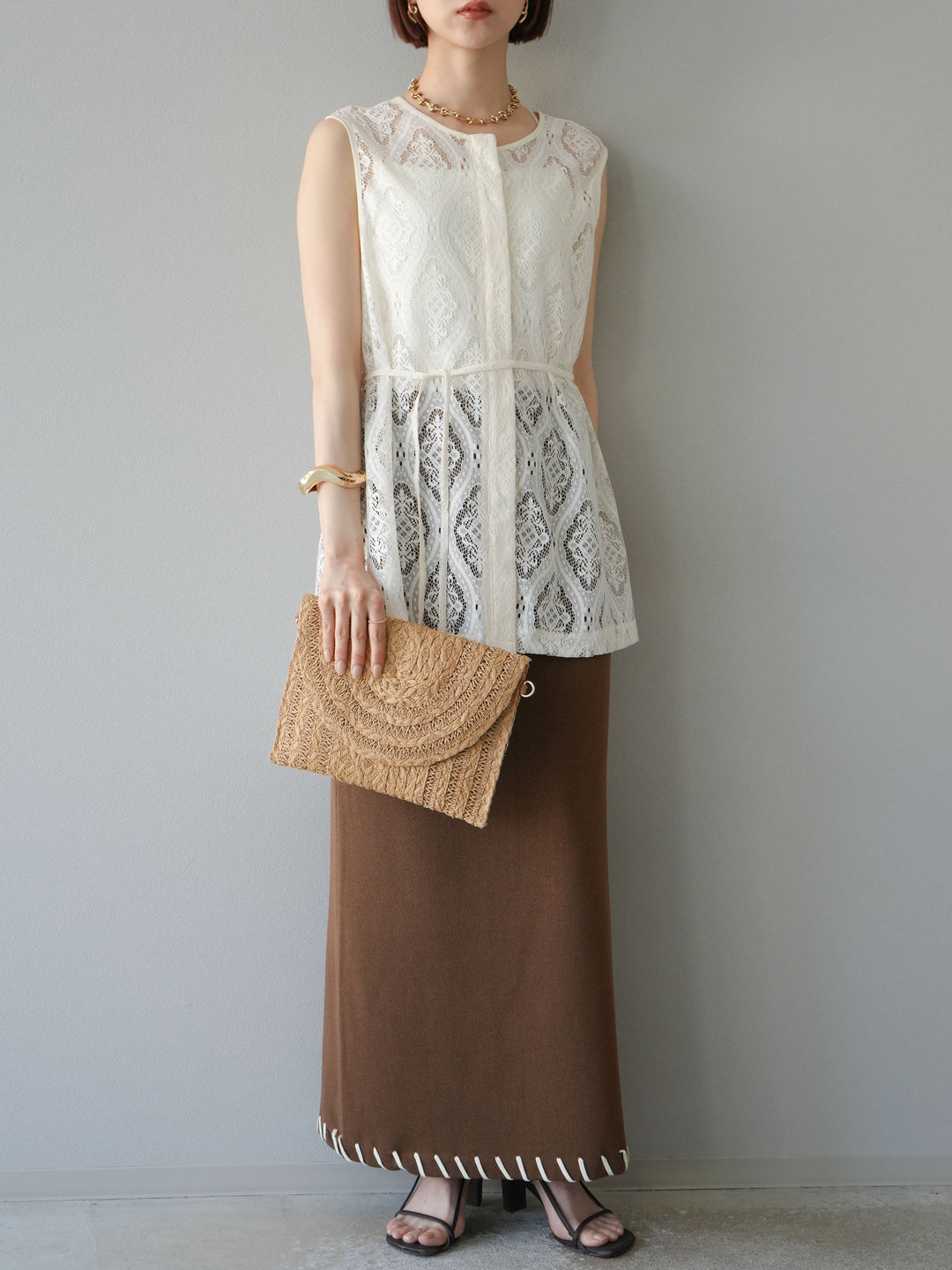 [予約]サテンパイピングレースノースリーブトップス/アイボリー