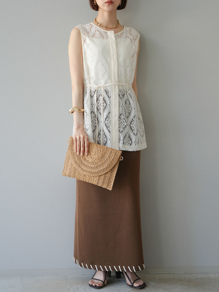 [予約]サテンパイピングレースノースリーブトップス/アイボリー