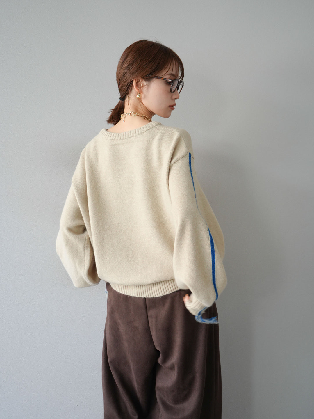 [SET]配色ステッチフリンジニットプルオーバー +スウェードタックワイドパンツ(2set)