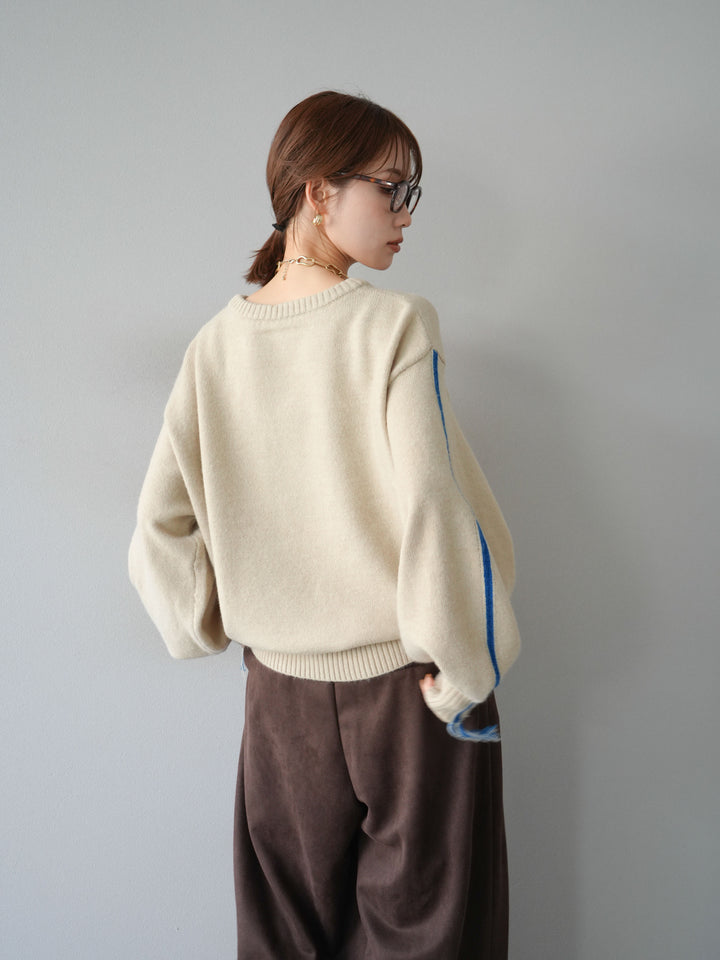 [SET]配色ステッチフリンジニットプルオーバー +スウェードタックワイドパンツ(2set)