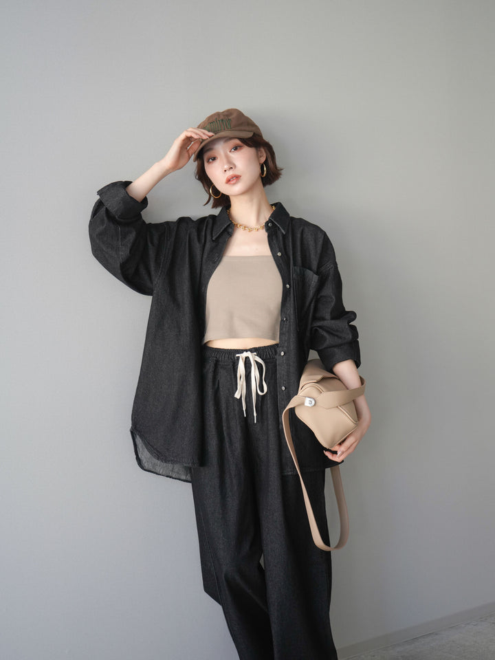 [SET]ポイントレザーオーバーデニムシャツ+ドロストワイドデニムパンツ(2set)