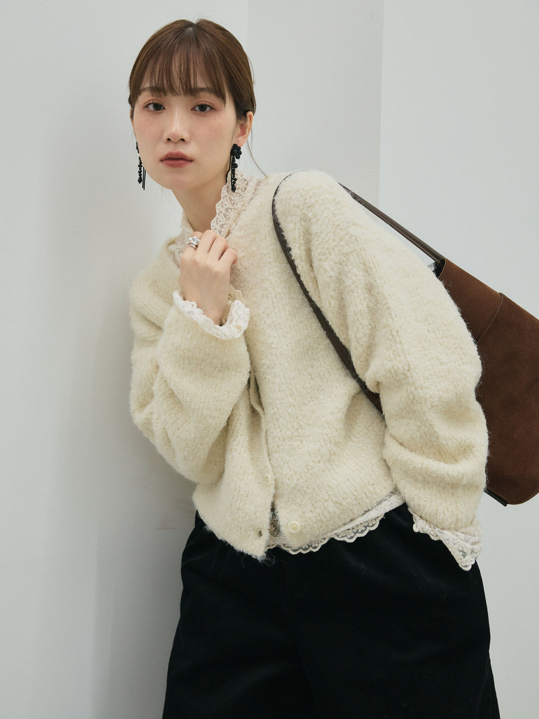 【Allure】[SET]ブークレニットカーディガン+ハイネックレーストップス+コーデュロイタックワイドパンツ(3set)