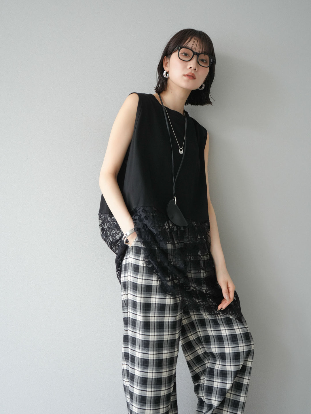 [予約]レース切替ノースリトップス/ブラック