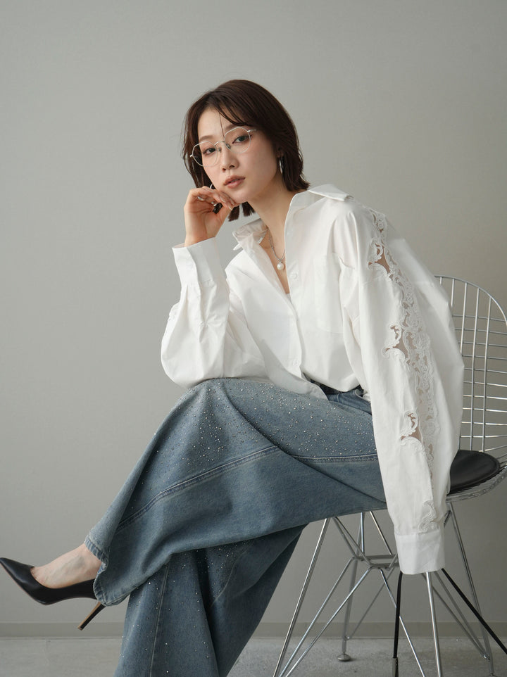 [SET]アームレースブロードシャツ+フロントビジューカーブデニムパンツ(2set)