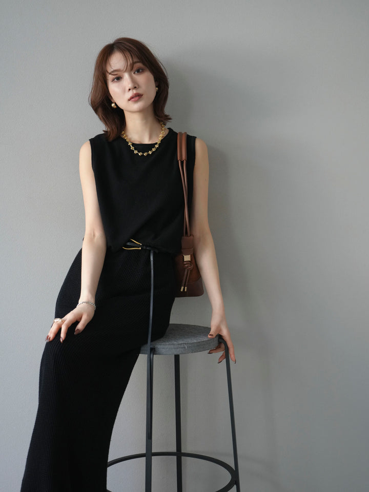 [予約]メッシュ切替ノースリーニットワンピース/black