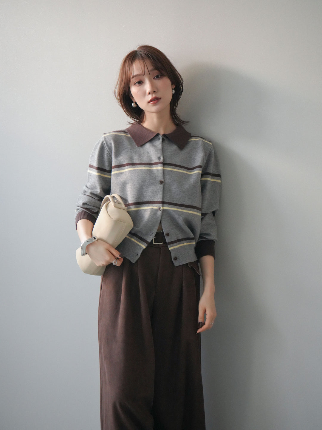[予約]配色マルチボーダーポロニットカーディガン/gray