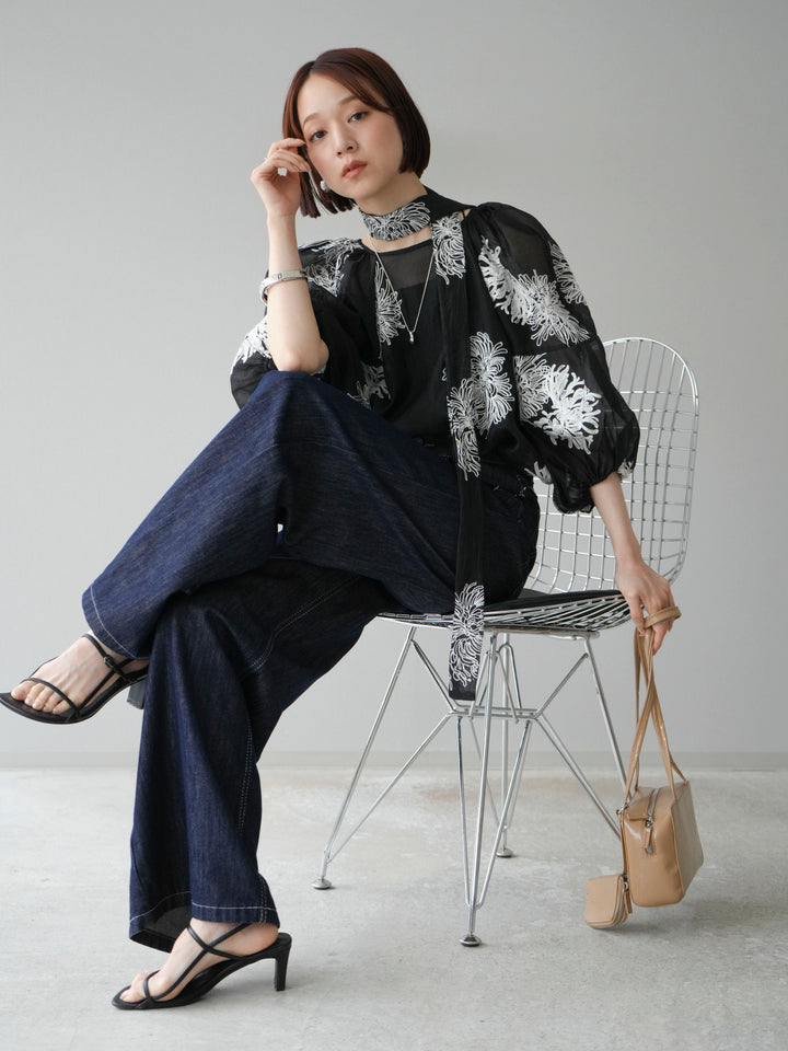 [SET]刺繍シアーバルーンスリーブブラウス+ヒップデザインデニムパンツ(2set)