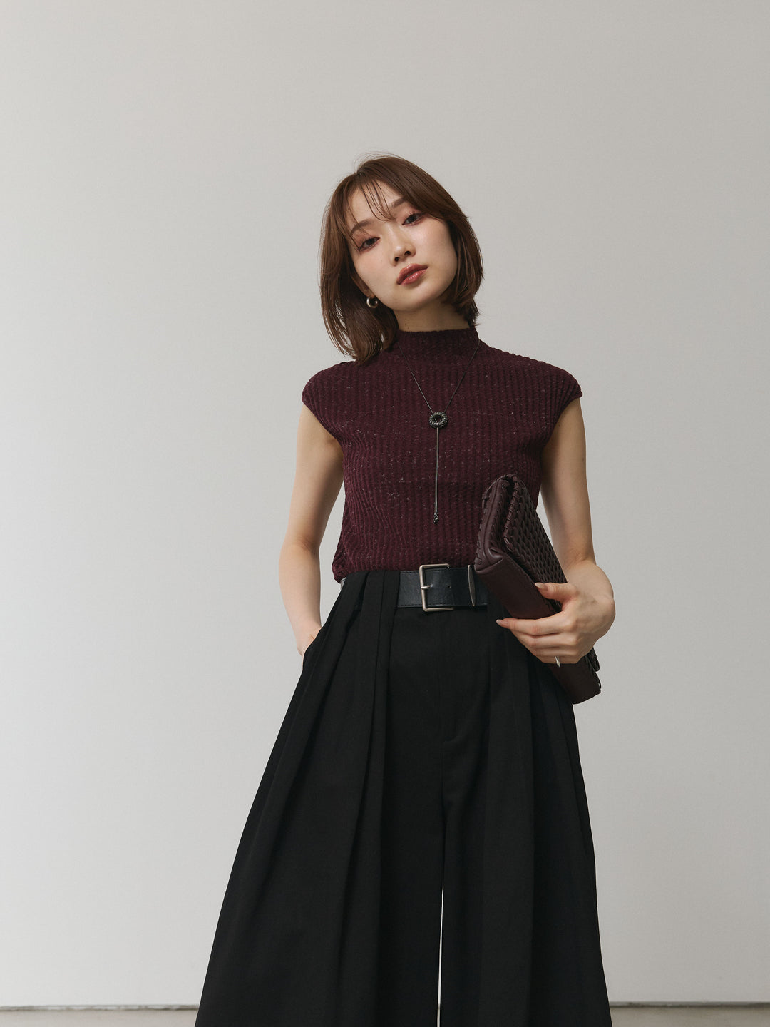 【Allure】[SET]ミックスヤーンデザインリブフレンチスリーブニット+ベルト付ダブルループワイドパンツ(2set)