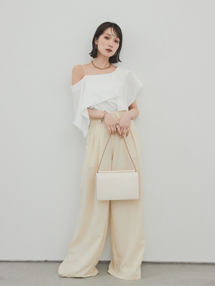 【預購】亞麻觸感褶皺寬褲/黃色