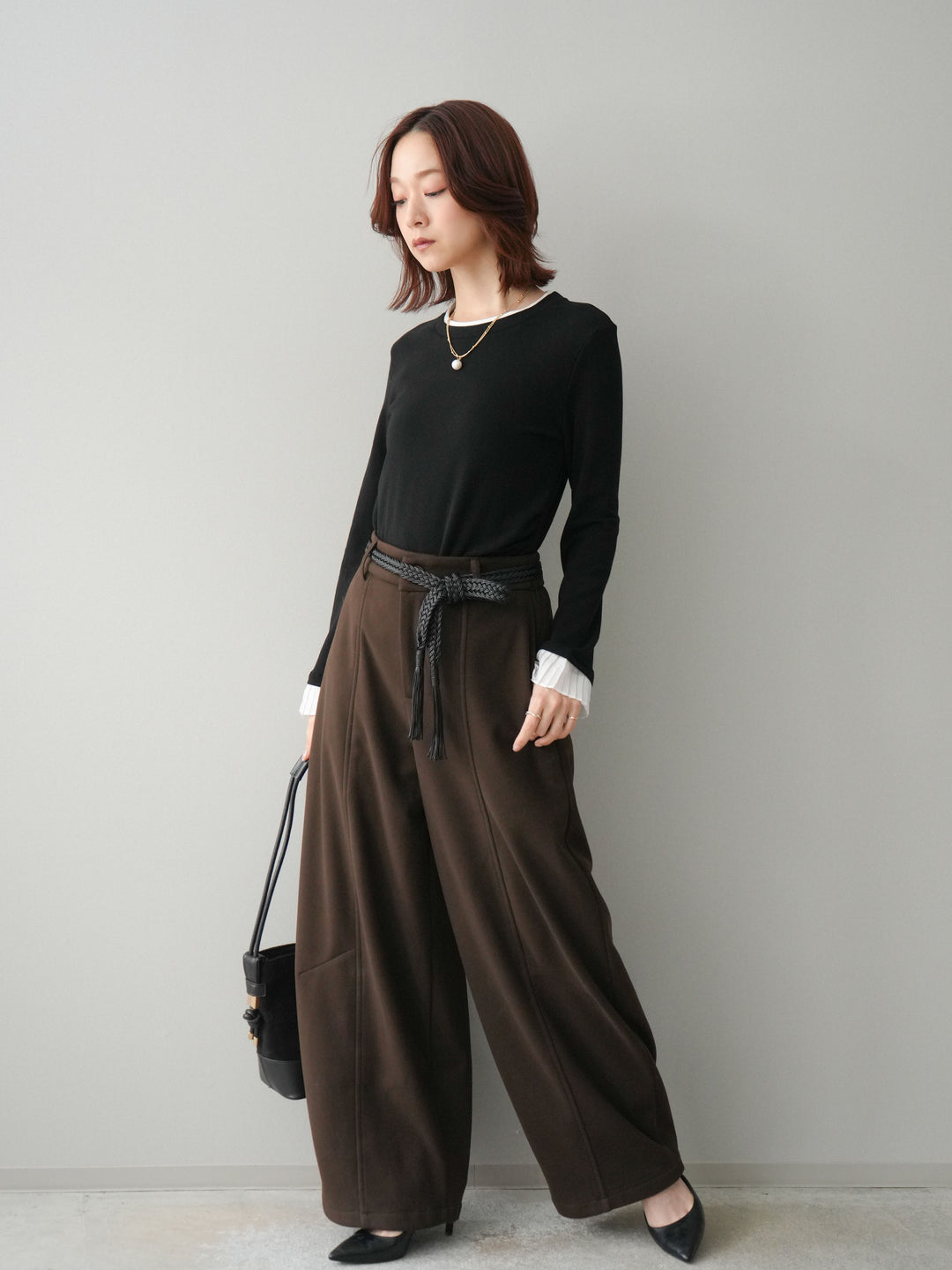 [予約]ベルト付裏起毛センターシームカーブパンツ/brown