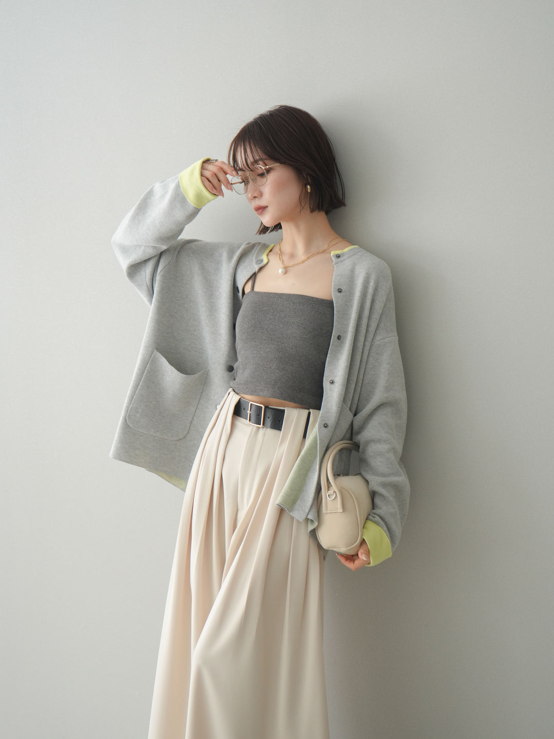 [SET]バイカラーオーバーニットカーディガン+タックベルトループワイドパンツ(2set)