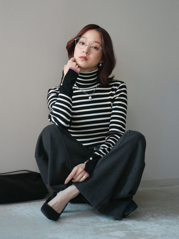 [SET]袖配色ハイネックボーダーリブニットトップス+ベルト付き裏起毛ワイドパンツ(2set)