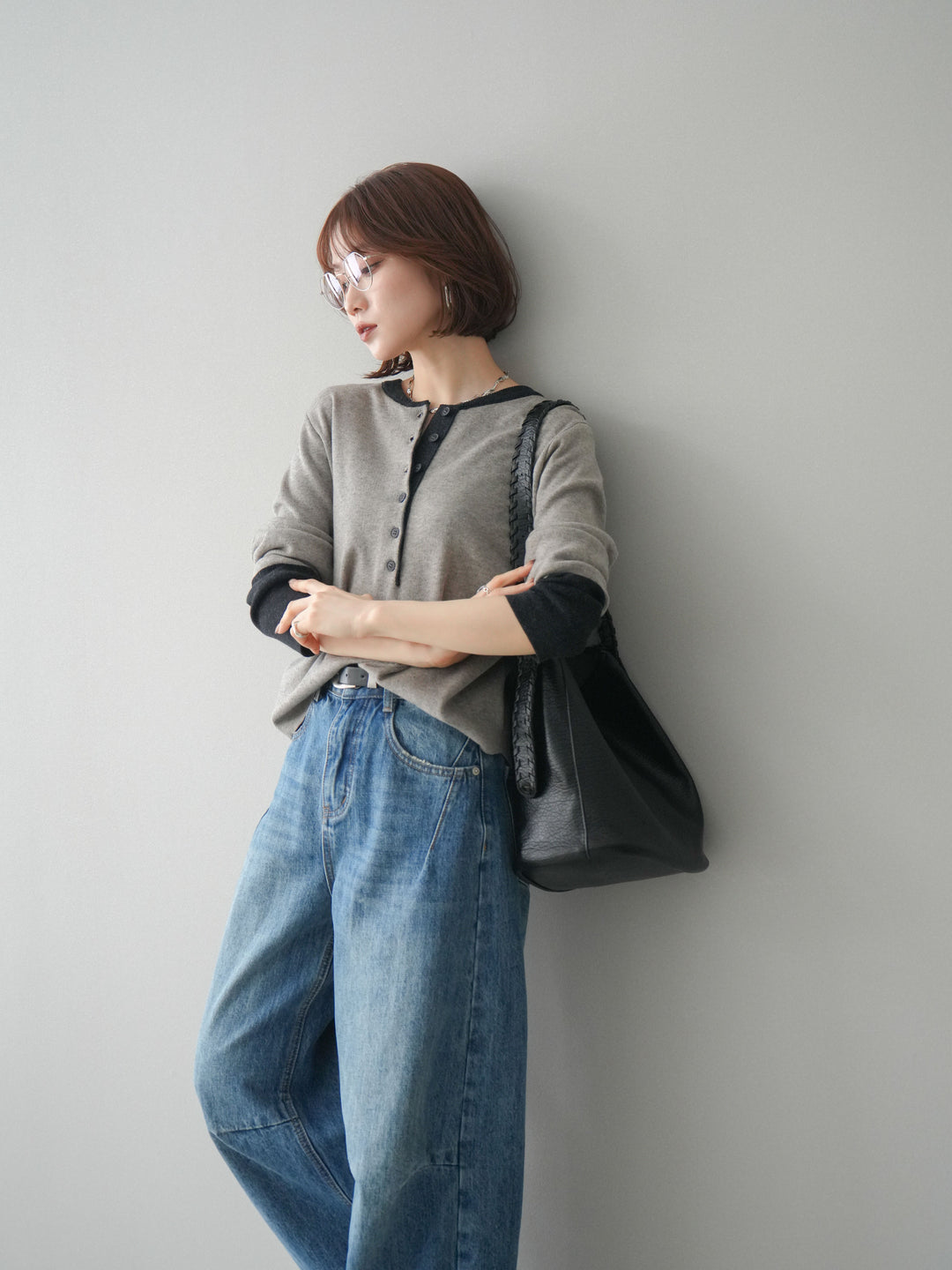 [SET]ヘンリーネック配色ニットソー+選べるアクセセット(2set)