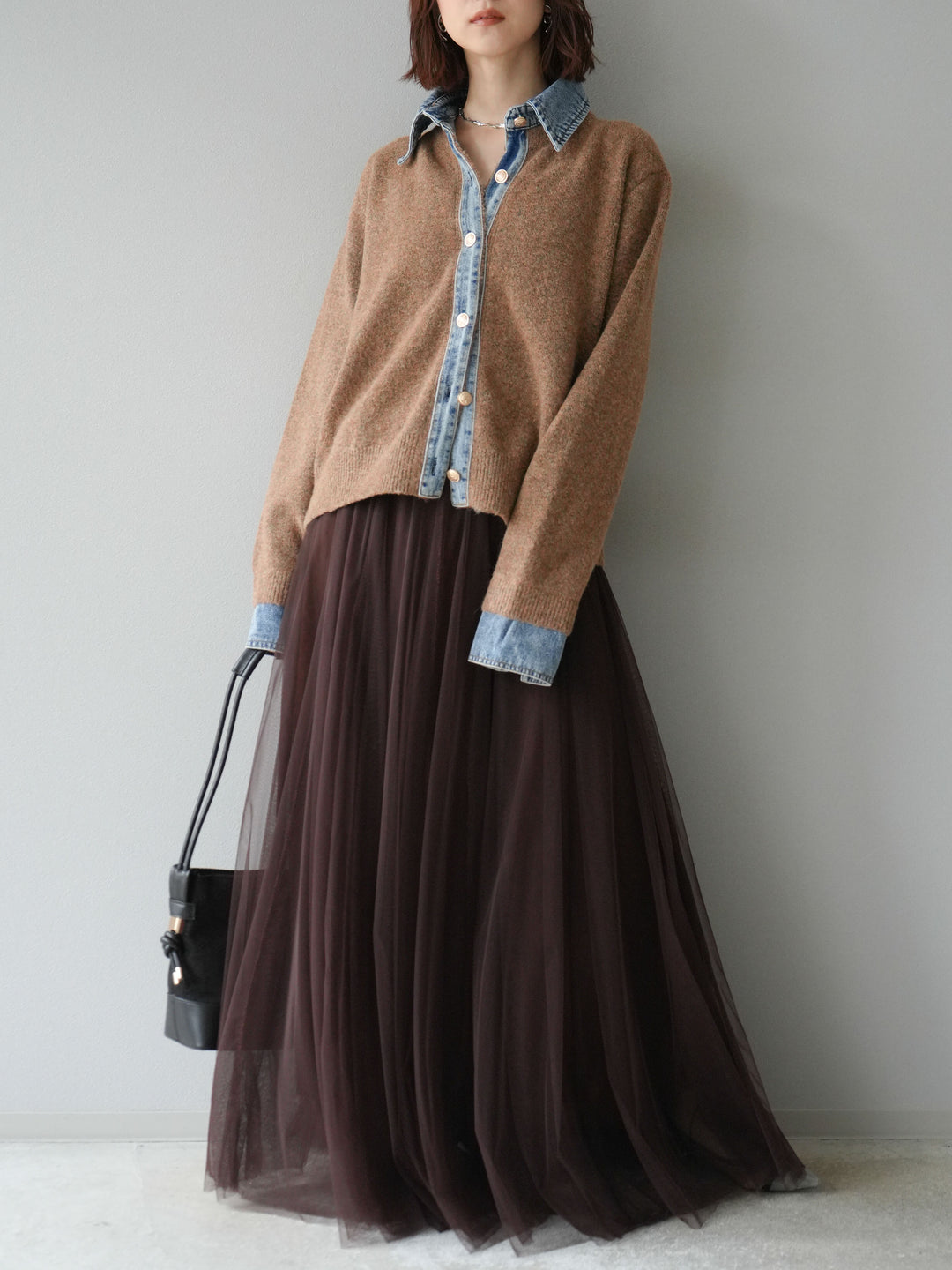 [SET]デニム襟ボタンニットカーディガン+チュールボリュームスカート(2set)