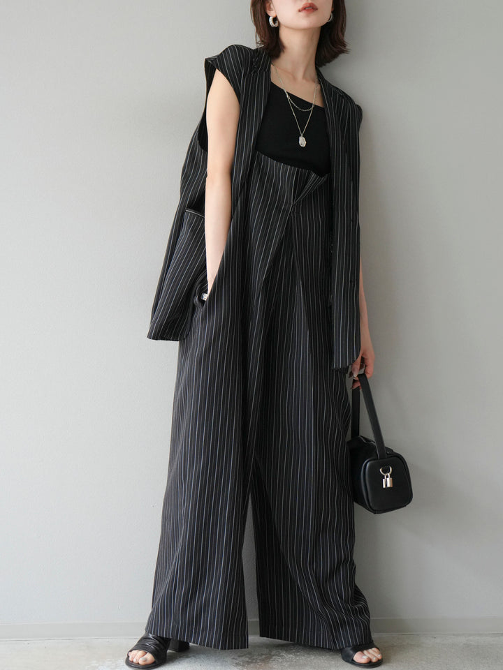 [予約]ヘリンボーンストライプサロペット/ブラック