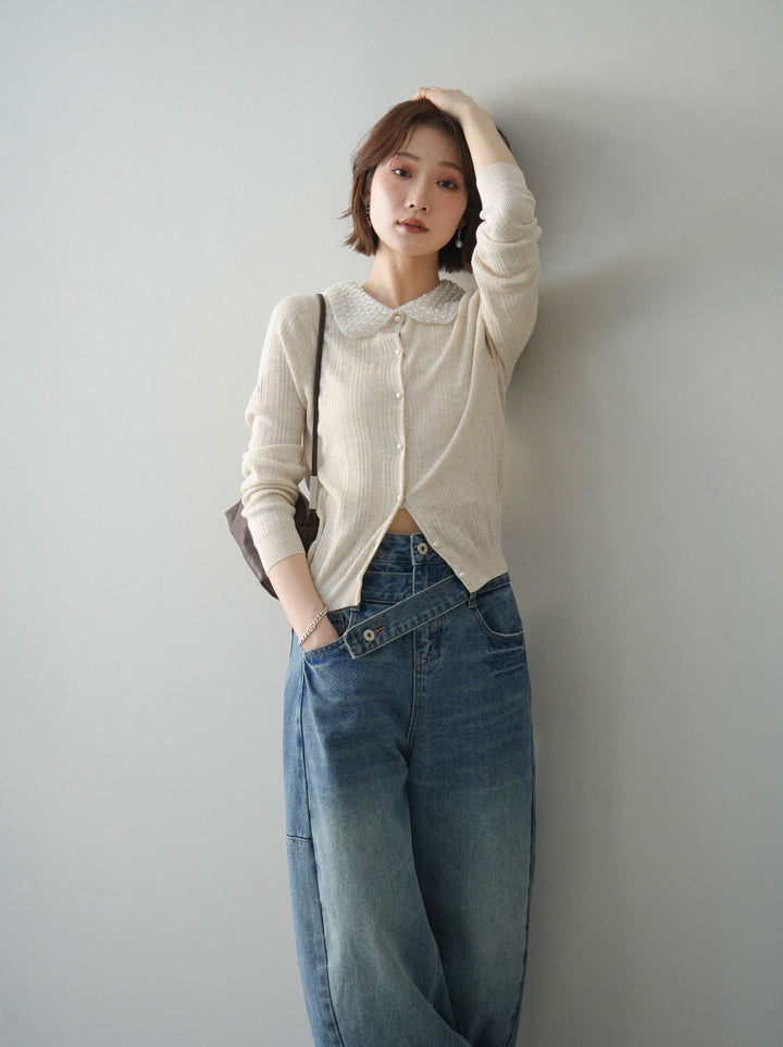 [予約]ビジュー襟パールボタンニットカーディガン/ivory