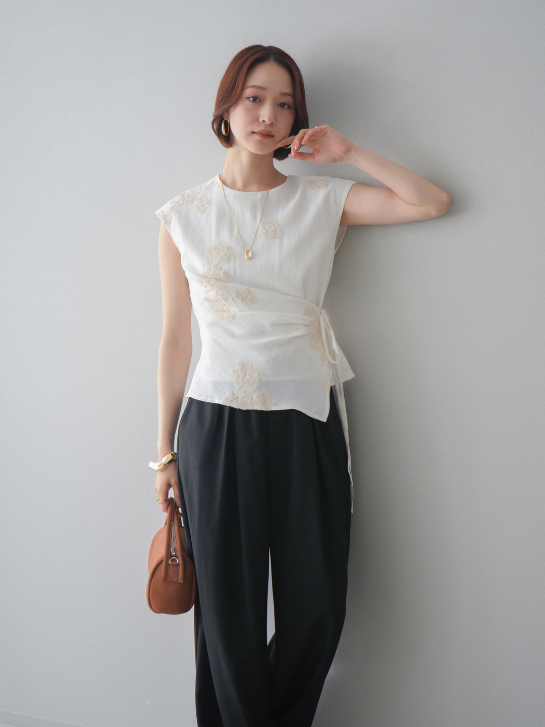 [SET]リネンタッチフラワージャガードトップス+ベルト付キーホルダーモチーフワイドパンツ(2set)