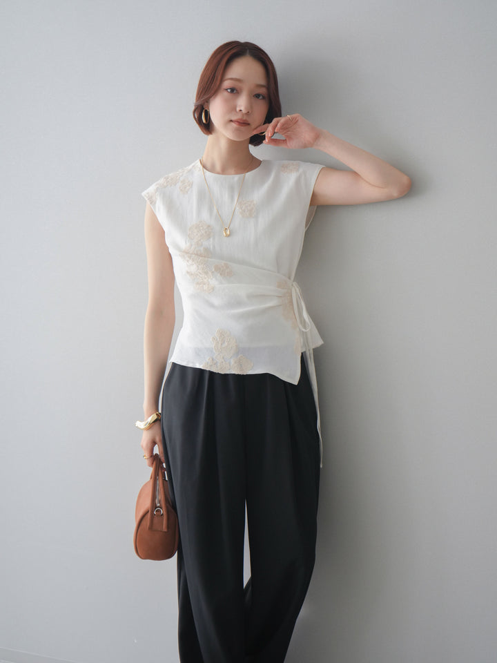 [SET]リネンタッチフラワージャガードトップス+ベルト付キーホルダーモチーフワイドパンツ(2set)