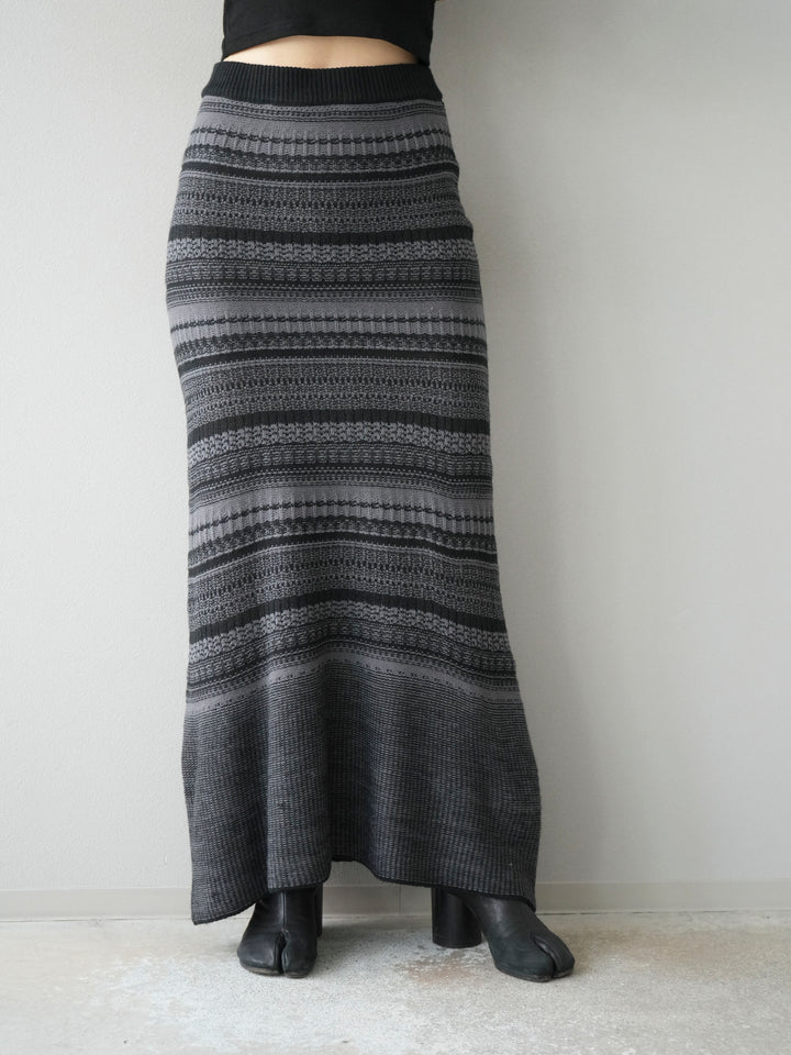 [予約]ガーター編みニットロングスカート/グレー×ブラック