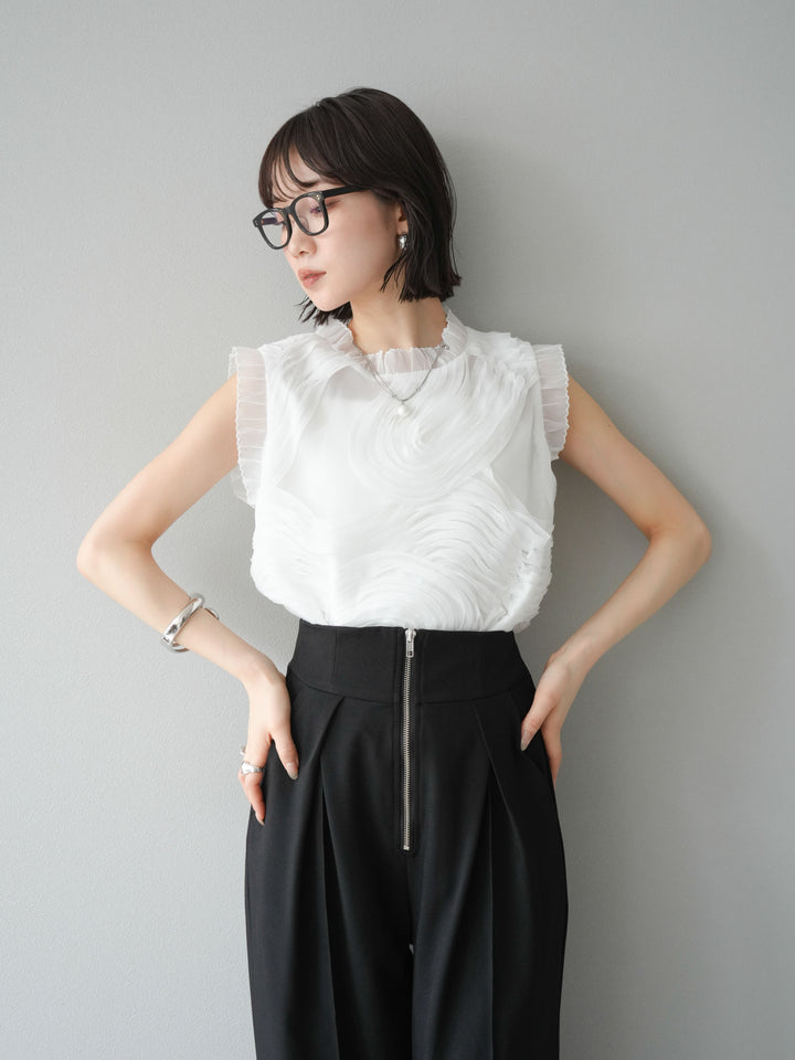 【預購】薄紗提花無袖上衣/米白