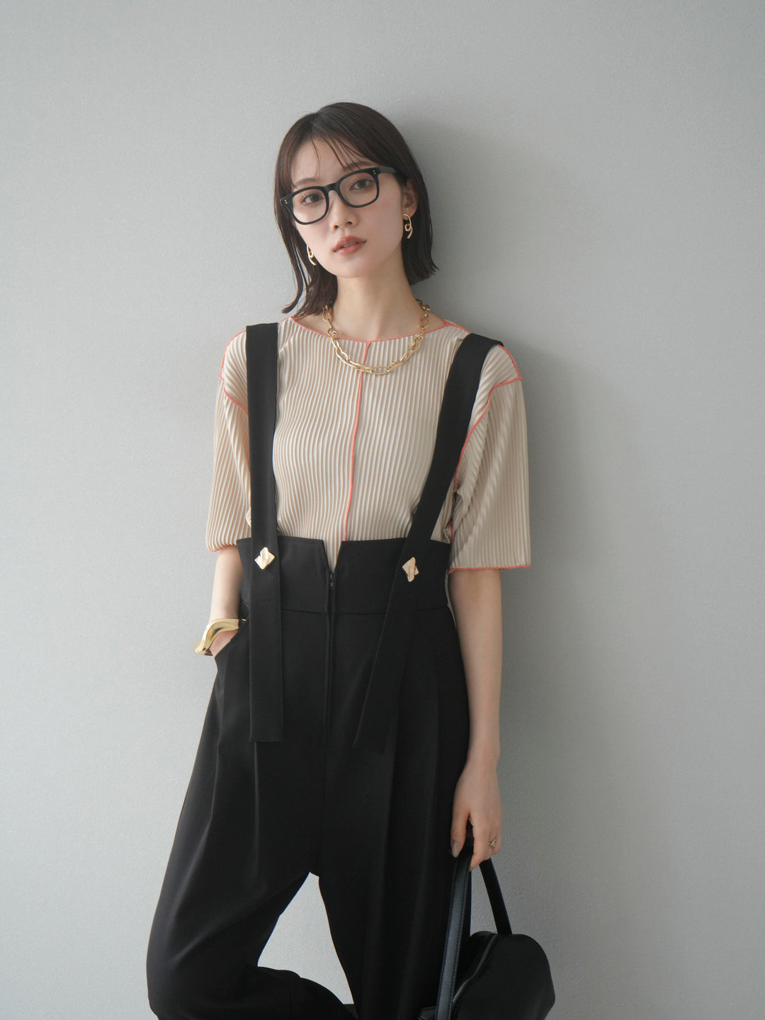 【SET】配色褶皺半袖上衣 + 配色褶皺半袖上衣 (2 件套)