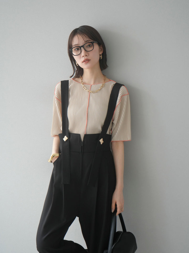 【SET】配色褶皺半袖上衣 + 配色褶皺半袖上衣 (2 件套)