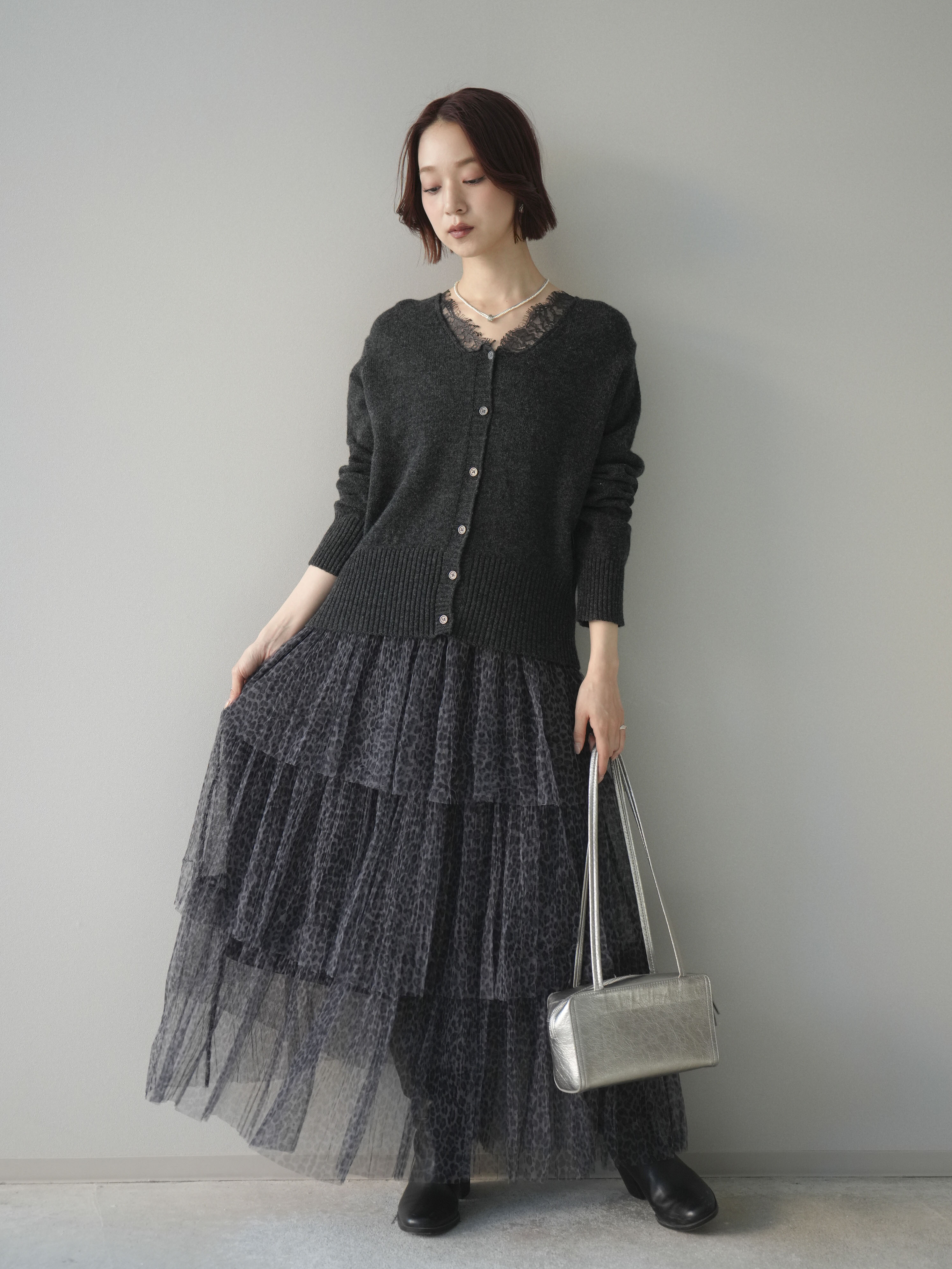 SET]レースネックニットカーディガン+レオパード柄チュールフリル