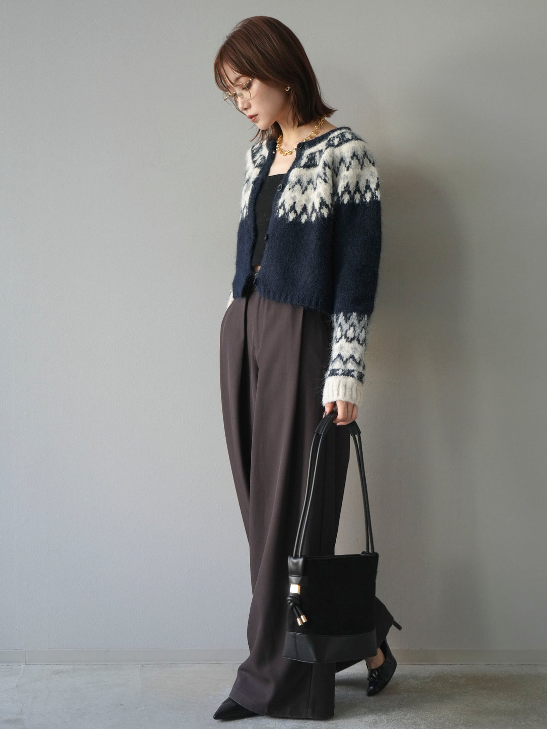 【着回しセット】[SET]求心柄クロップドニットカーディガン+ミックスヤーンペイズリー柄ニットカーディガン+ベルトループデザインワイドパンツ(3set)