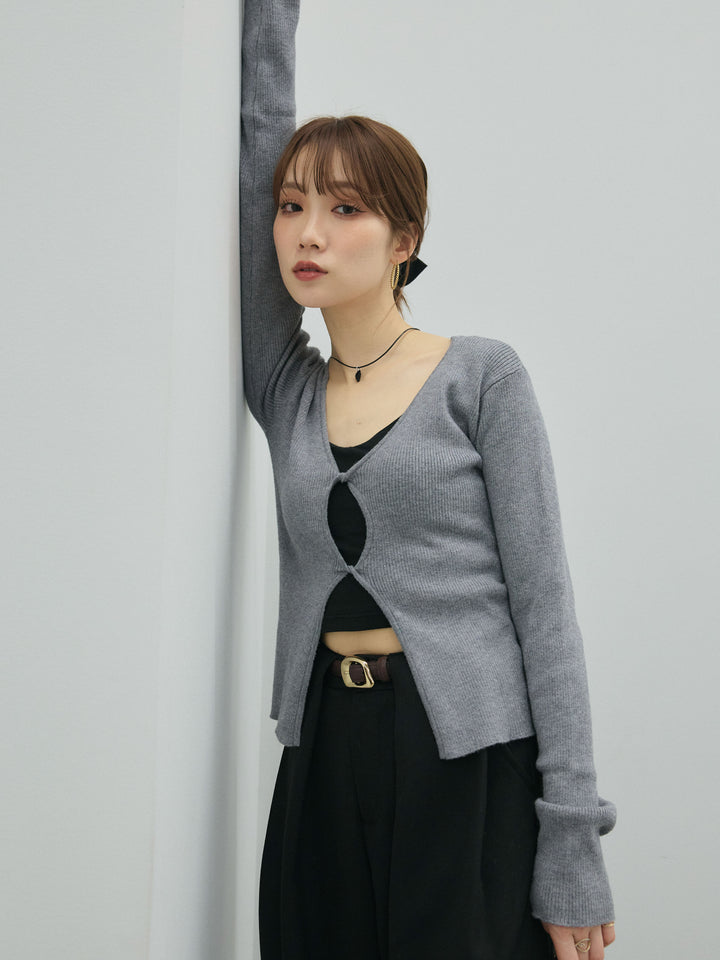 【Allure】[SET]フロントツイストホールリブニットトップス+ループデザインツイルワイドパンツ(2set)