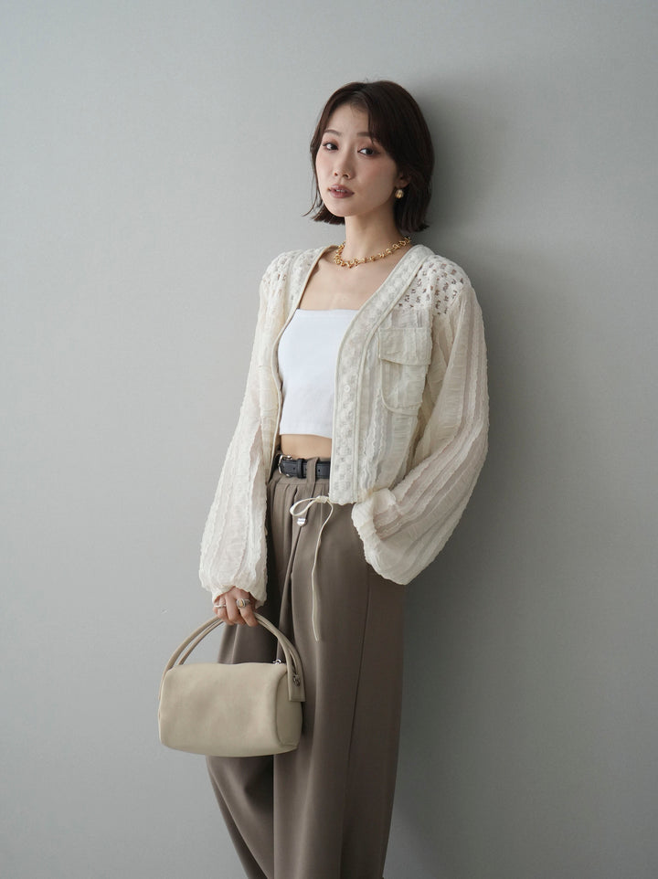 [SET]パッチワークシアーフリルブルゾン+カップ付テレコリブベアキャミソール(2set)