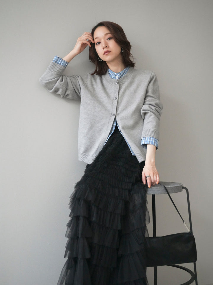 [予約]チェックシャツレイヤードデザインニットカーディガン/gray