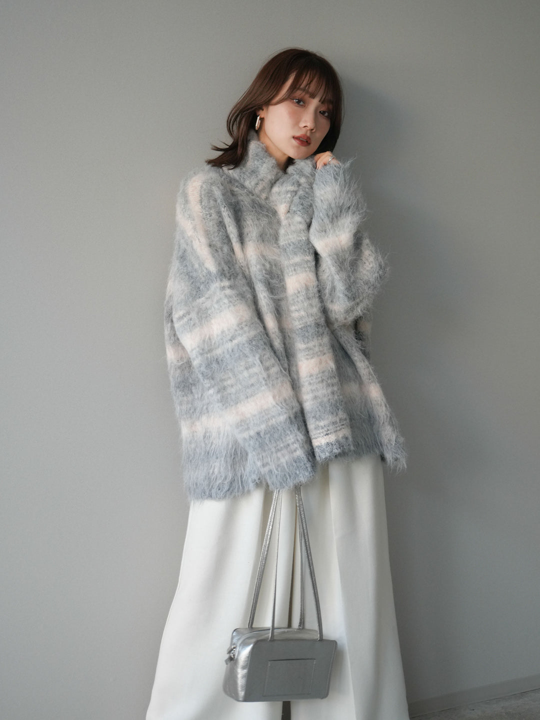 [予約]ストール付シャギーマルチボーダーニットプルオーバー/gray