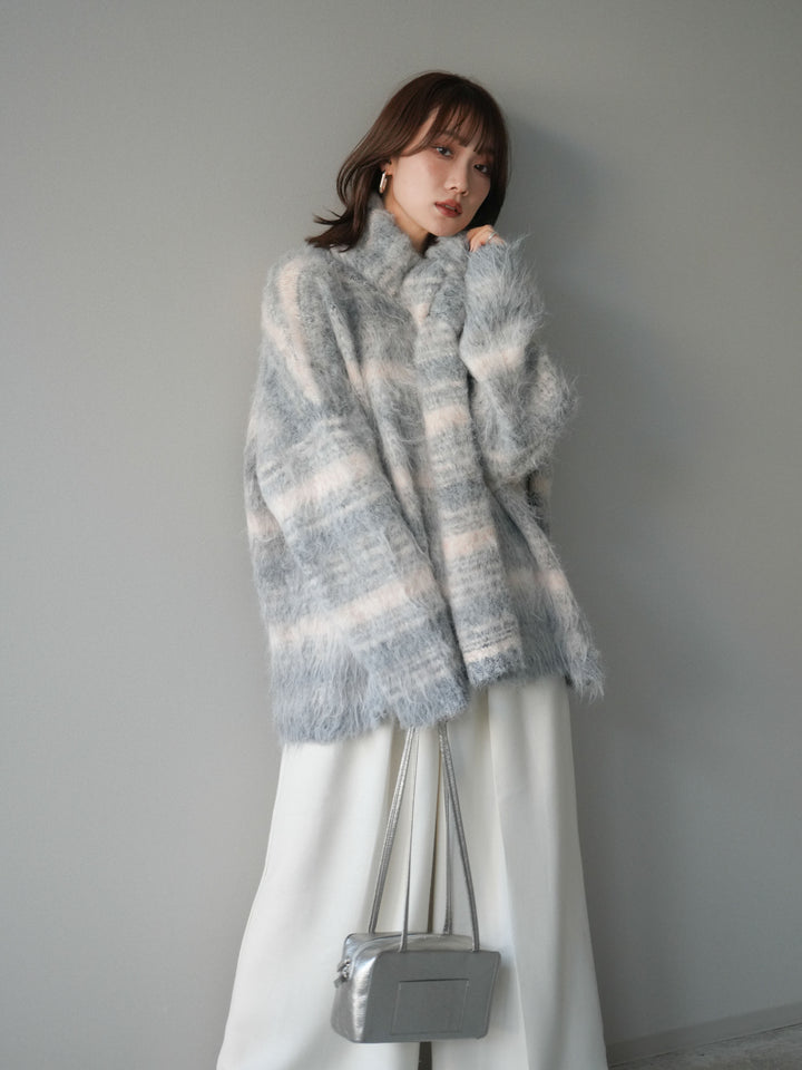 [予約]ストール付シャギーマルチボーダーニットプルオーバー/gray