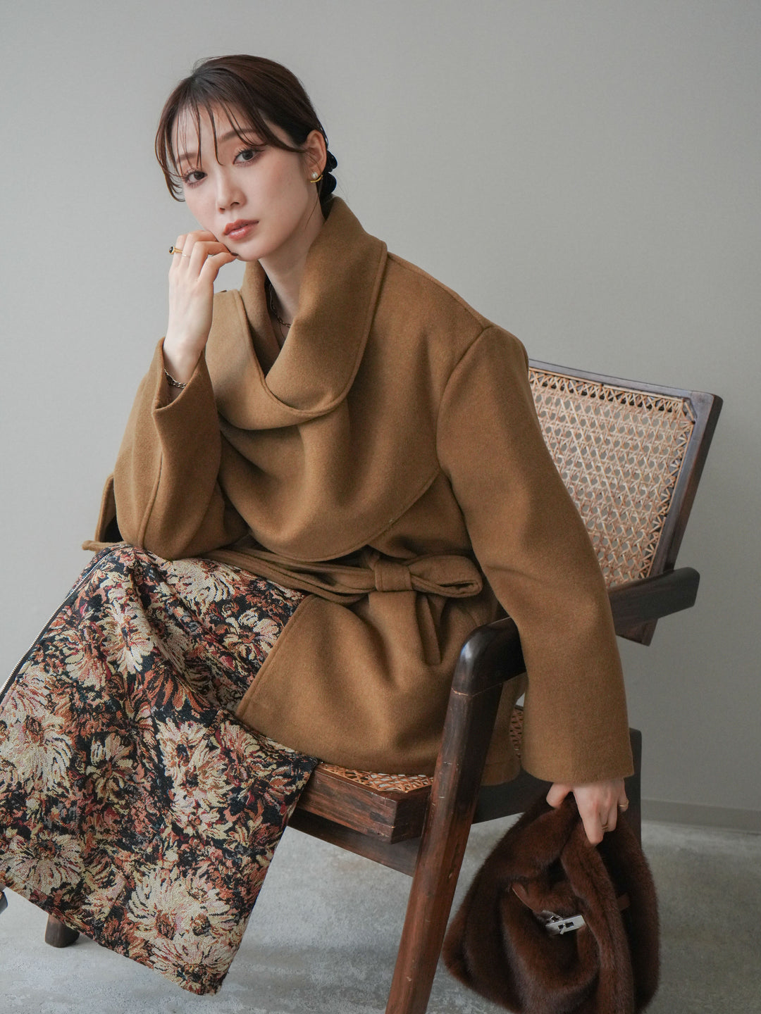 [予約]ストールデザインショートコート/camel