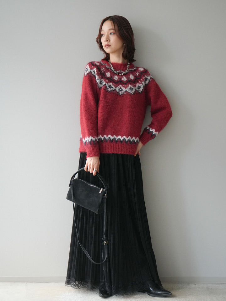 [SET]ソフトタッチ求心柄ニットプルオーバー+裾レーススウェードプリーツマキシスカート(2set)