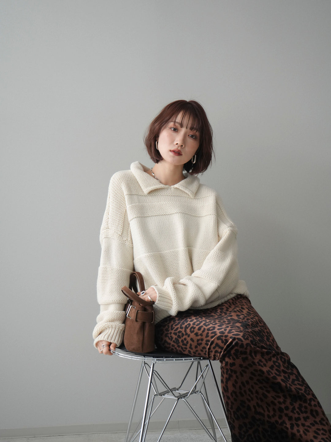 [予約]襟付きボーダー編みニットプルオーバー/ivory