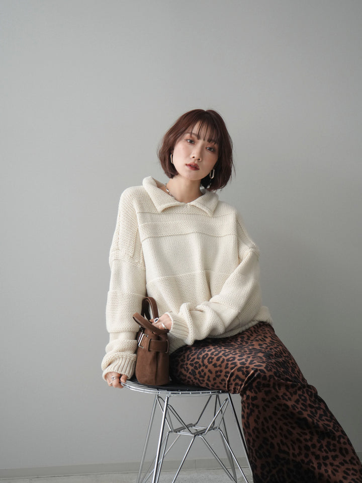 [予約]襟付きボーダー編みニットプルオーバー/ivory