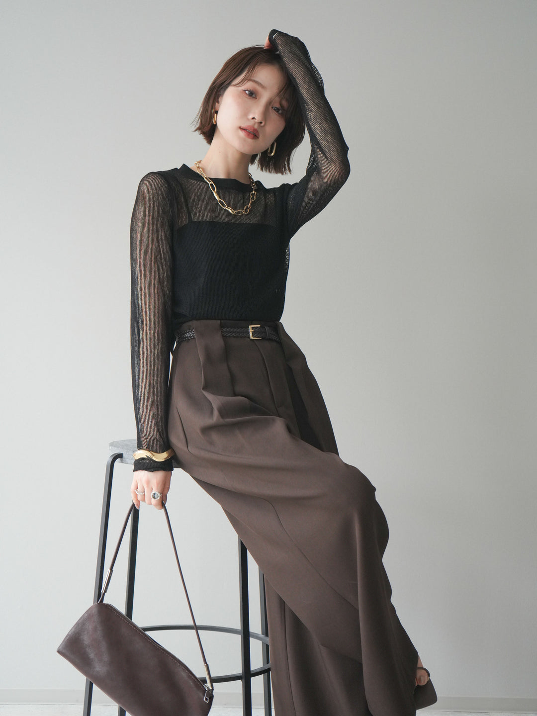 [SET]シアーストライプメッシュトップス+ドレープタックベルトループパンツ(2set)