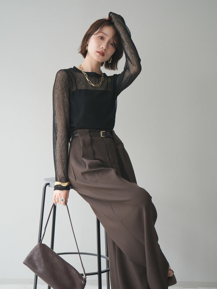 [SET]シアーストライプメッシュトップス+ドレープタックベルトループパンツ(2set)