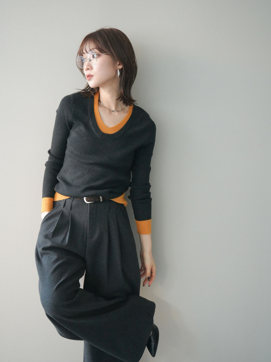 [SET]Uネック配色レイヤードリブニットトップス+選べるアクセセット(2set)