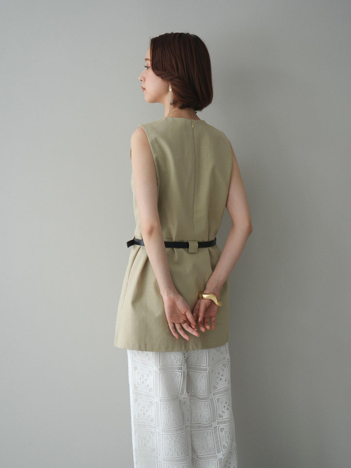 [SET]ベルト付リネンライクノースリチュニック+パネルレースイージーパンツ(2set)