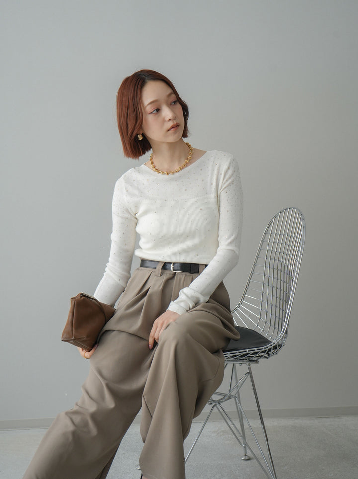 [SET]スパンコールシアーニットトップス+ベルト付キーホルダーモチーフワイドパンツ(2set)