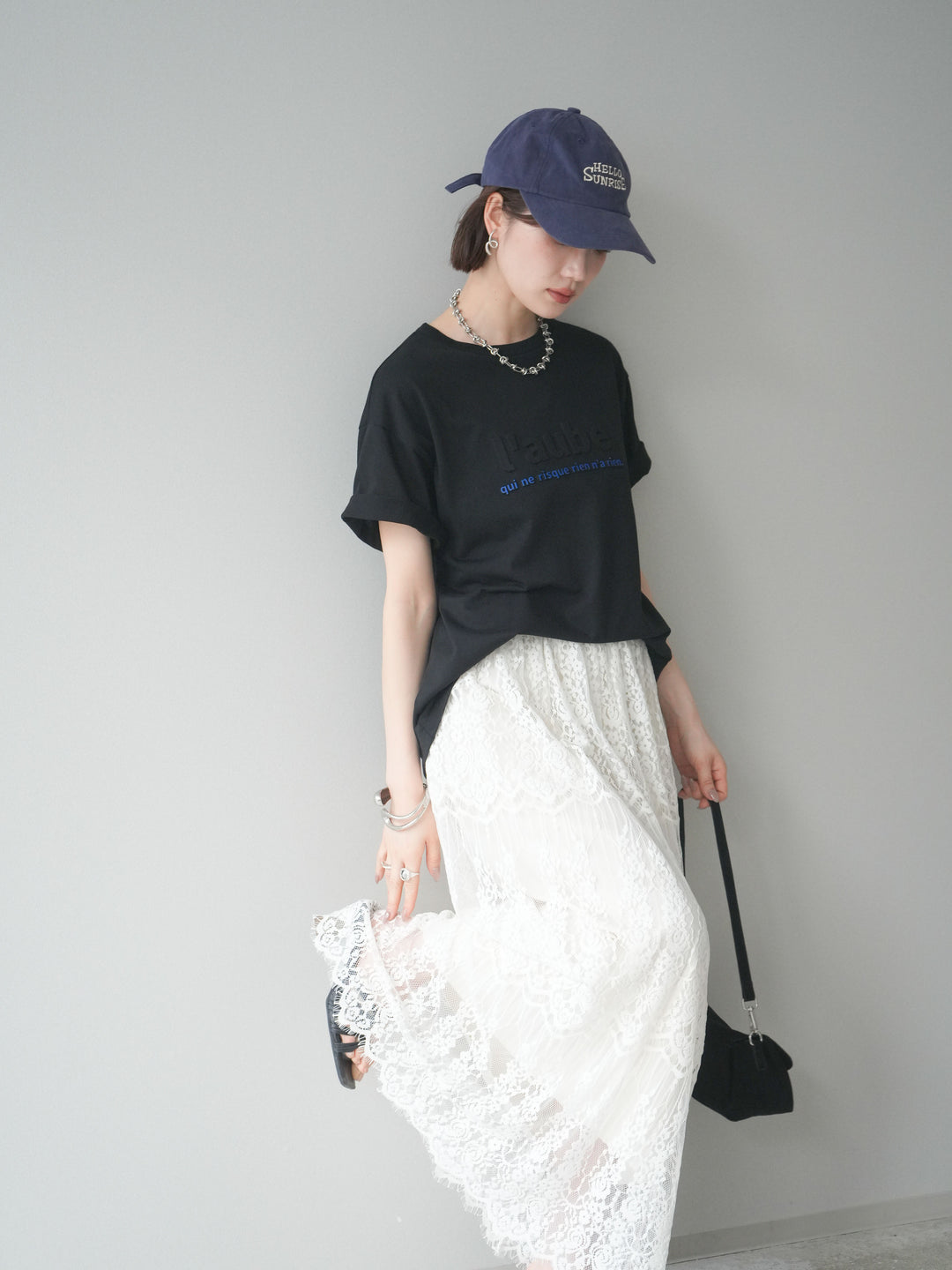 [SET]エンボスロゴTEE+裏プリーツ総レースロングスカート(2set)