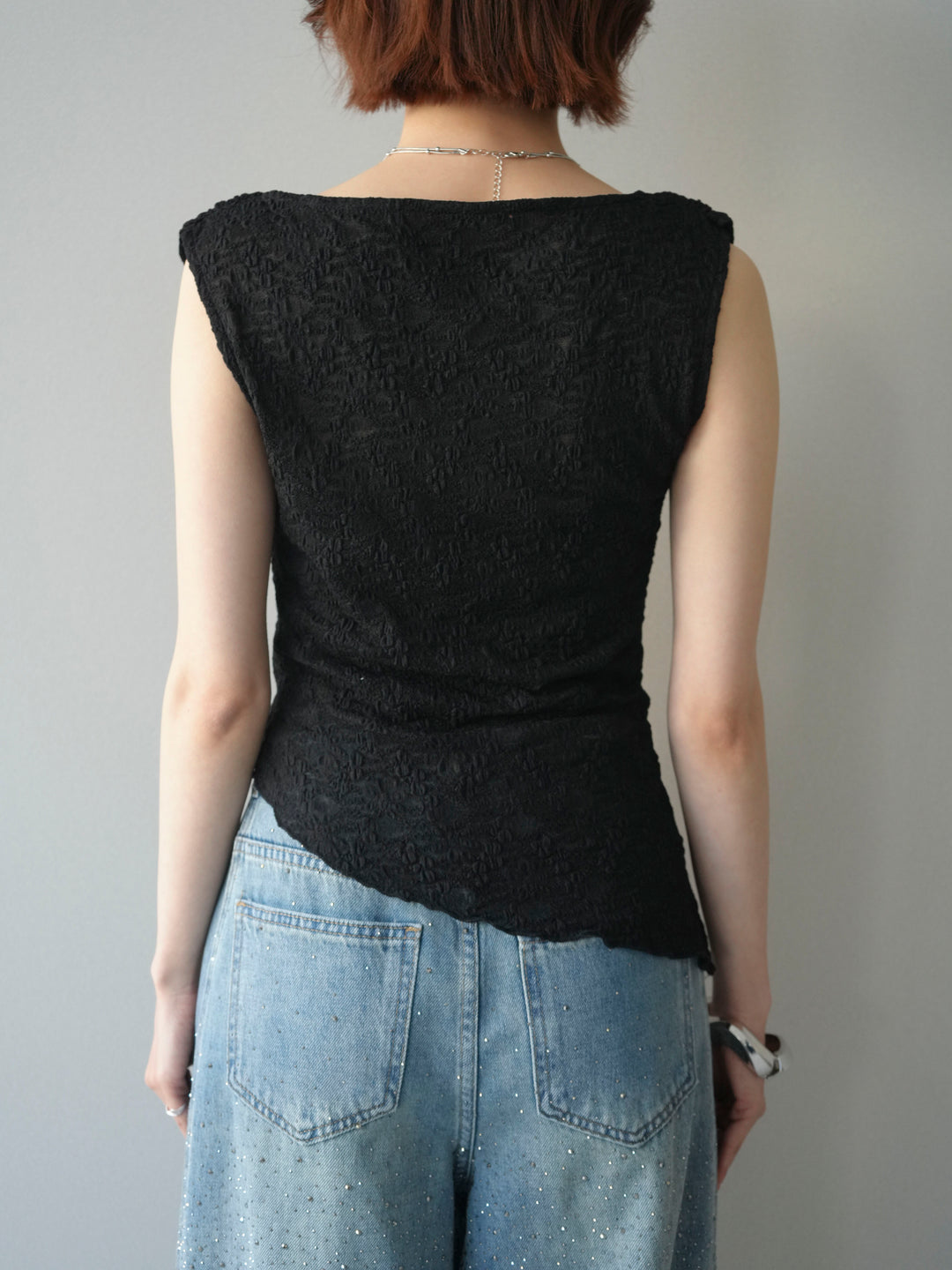 [予約]レースドレープネックアシメトップス/black