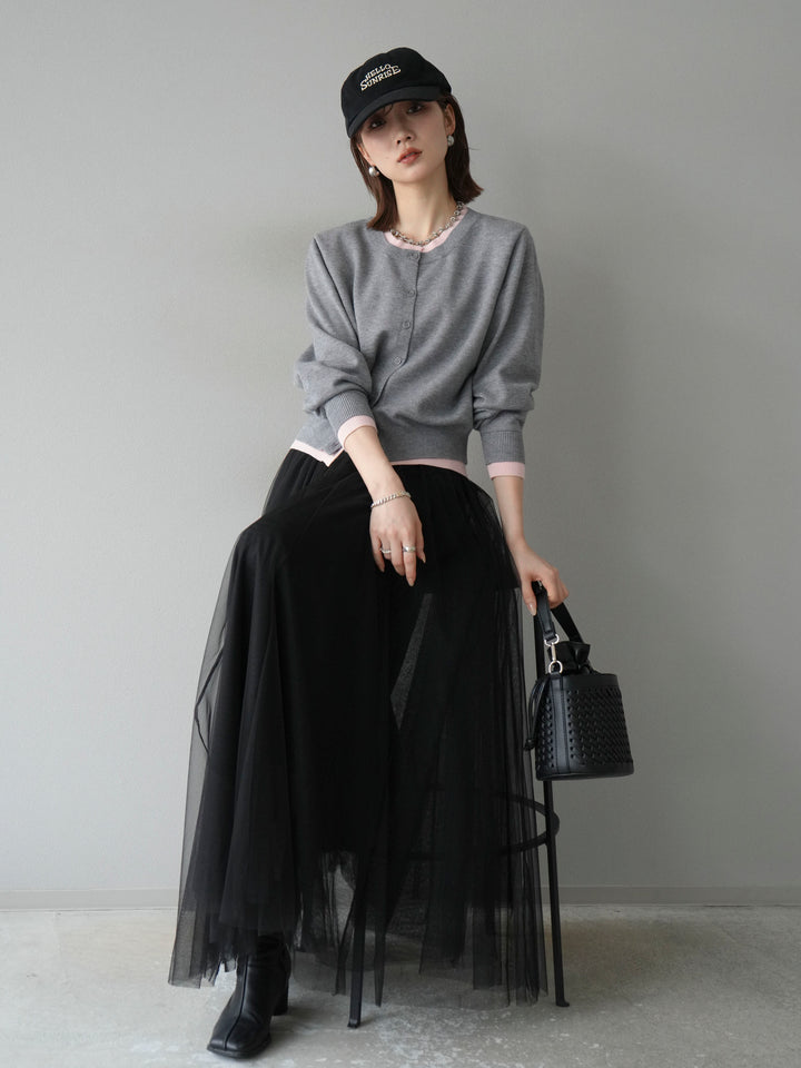 [SET]配色レイヤードカーディガン+チュールボリュームスカート(2set)